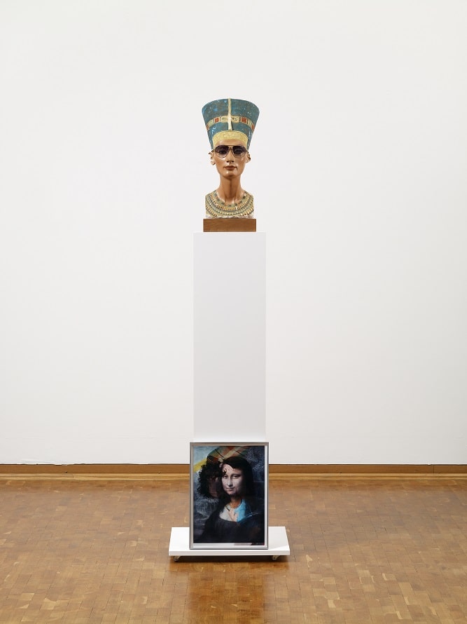 Isa Genzken Nofretete – Das Original 2012 Nefertiti plaster bust with sunglasses on wooden base wooden plinth and colour photograph in aluminium frame