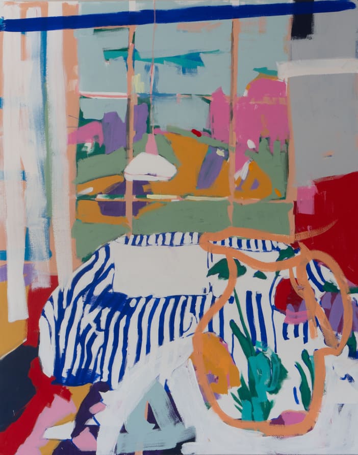 Sofa gestreift mit geblümten Krug (2025) Mischtechnik auf Leinwand 200x160cm